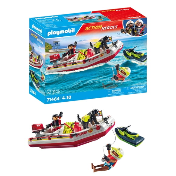 Playmobil Bote de Bomberos con Set de Juego de Scooter Acuático, 52 Piezas