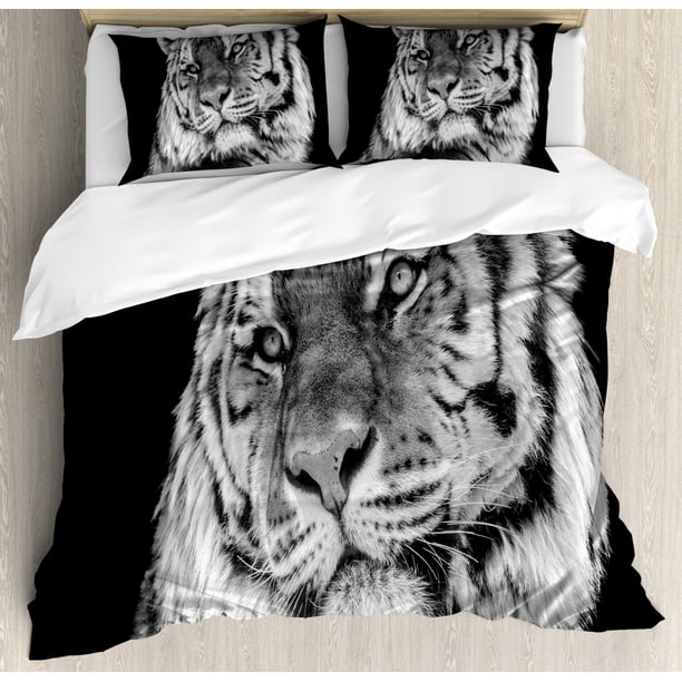 Tiger Bedding Set King Size,King of Sundarbans In A Dark Environment Mild Mannered Majestic Animal Black Polyester Duvet Cover