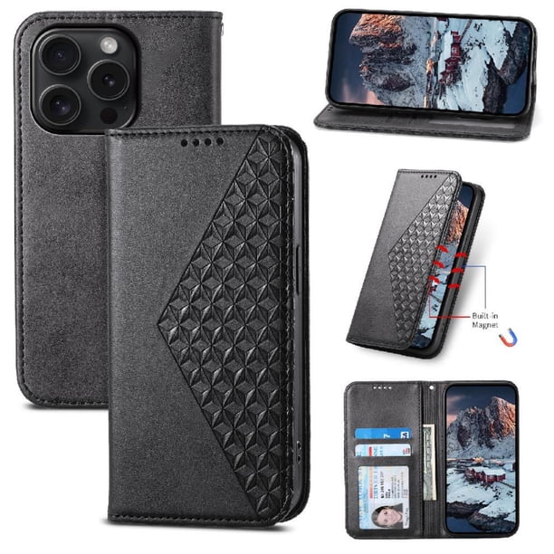 Funda Flip FOXDOCK para iPhone 15 Pro , Estilo Billetera con Diseño Rombo, Correa de Mano y Soporte, Uso Diario