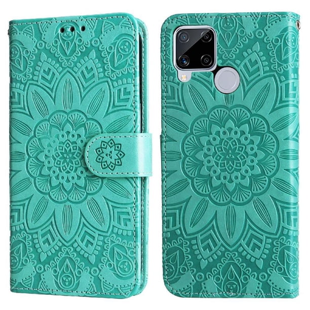 Funda tipo cartera FOXDOCK para Realme C15 , diseño girasol en relieve, cuero PU, cierre magnético, soporte y tarjetero
