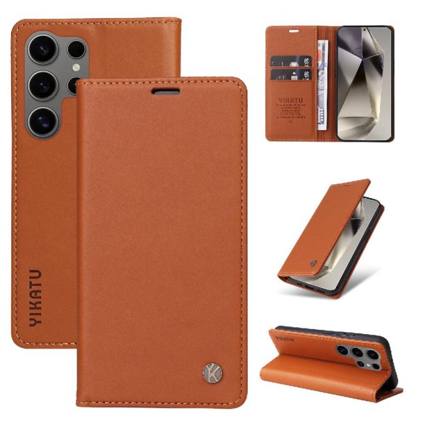 Funda Billetera de Cuero para Samsung Galaxy S25 Ultra con Tarjetero y Soporte - Tapa Magnética Marrón