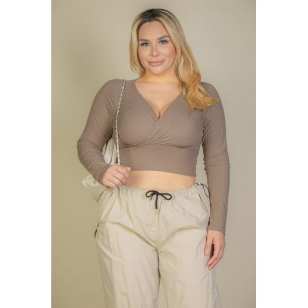 Top De Manga Larga Con Parte Delantera Cruzada Y Canalé De Talla Grande