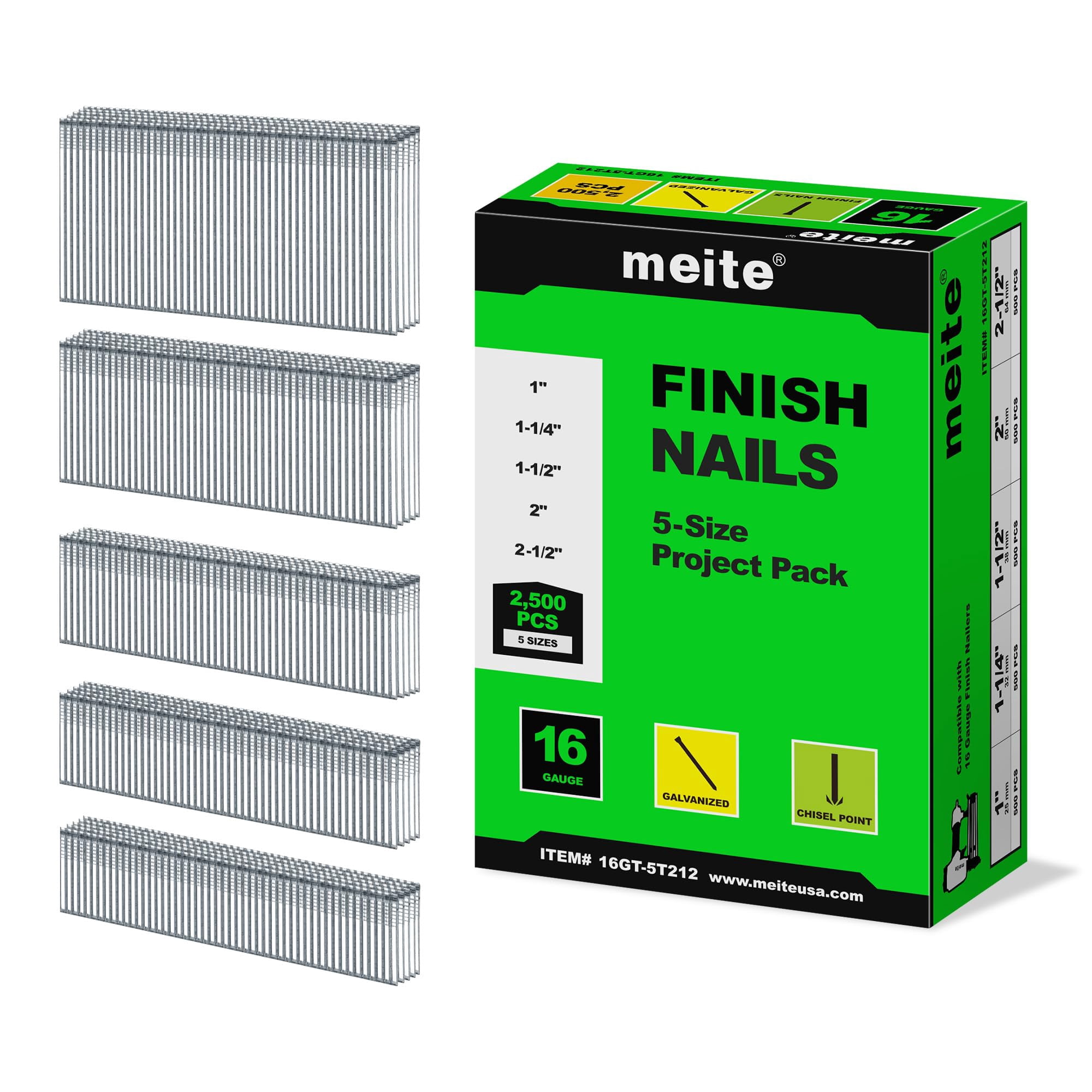 Juego De 5 Tamaños, Galvanizado, Calibre 16, 2500 Unidades, De Finish Nails Meite