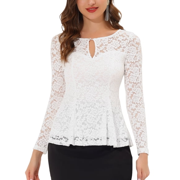 INSPIRE CHIC Edición Blusa de Mujer con Encaje, Abertura Frontal, Dobladillo Peplum, Mangas Largas Transparentes, Talla M, Color Blanco