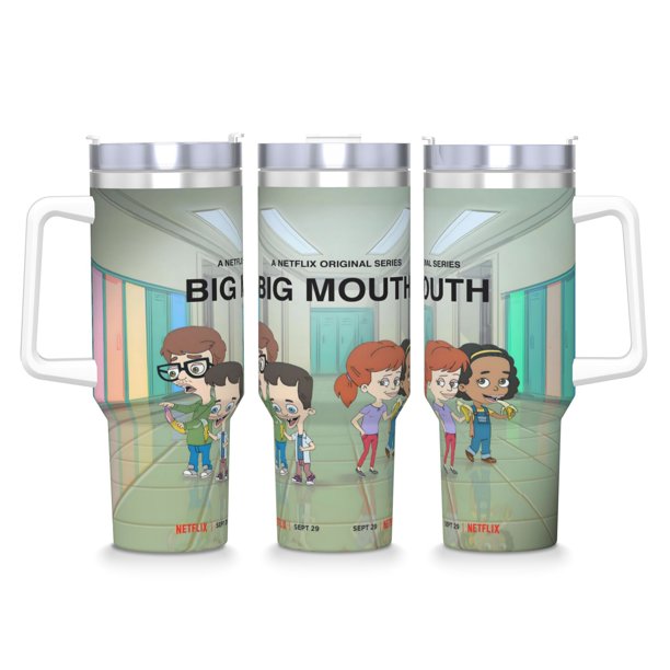 Big Mouth Vaso aislado de acero inoxidable con asa, diseño temático, regalo para familia, amigos y fans; incluye pajita y encaja en el portavasos estándar, 40 oz