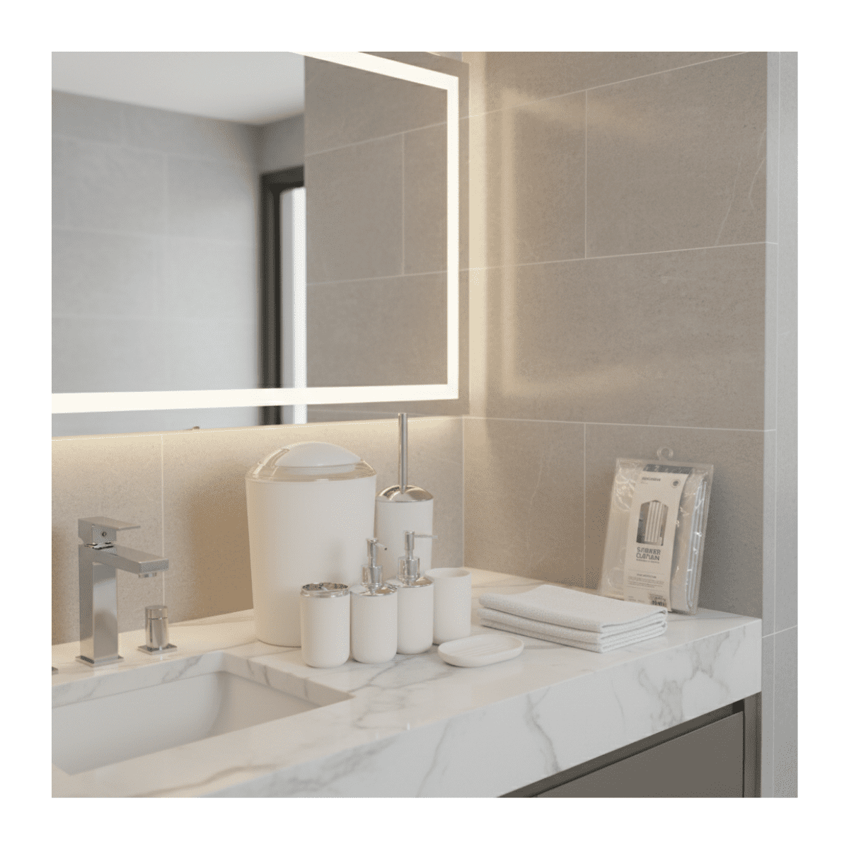 Genérico - Juego Accesorios Set De Baño 6 Piezas Cepillo Wc Blanco + Cortina De Obsequio