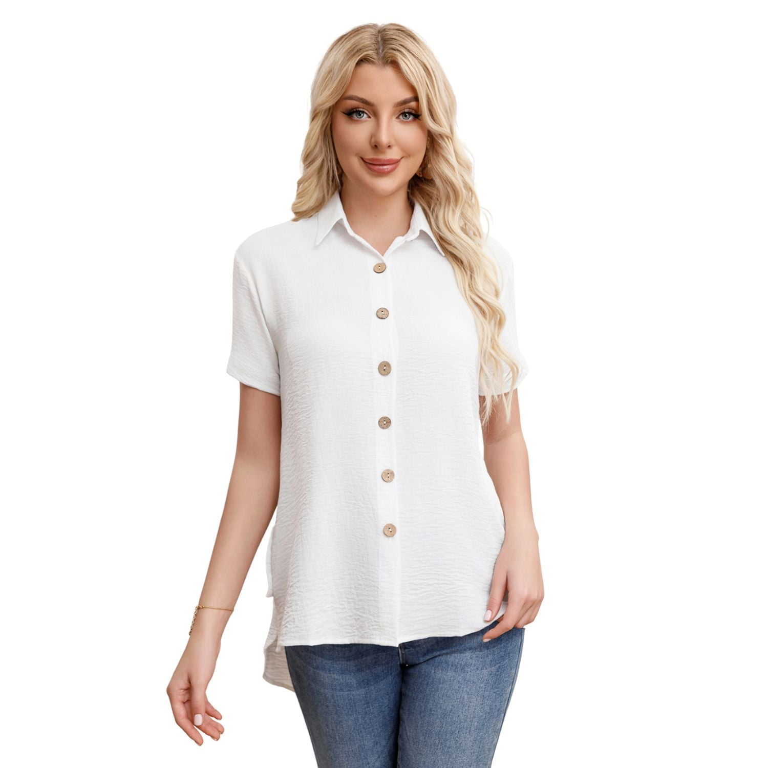 Likeshop - Blusa Mujer Manga Corta Algodón Botones 0055