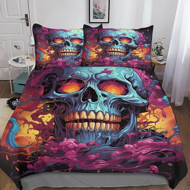 Juegos de funda nórdica con calaveras y flores - 3D, funda nórdica con esqueleto malvado, juego de ropa de cama de 3 piezas para niños y niñas con cierre de cremallera.