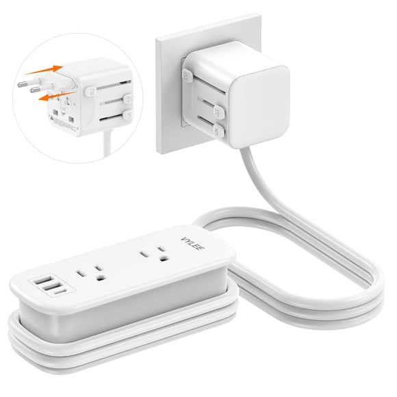Adaptador de viaje universal VYLEE con cable de 1,8 m, 2 tomas de CA y 3 puertos USB