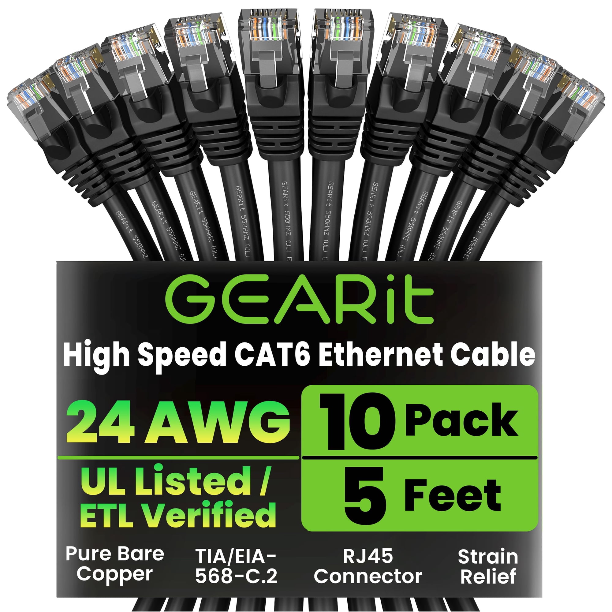 Cable Ethernet Gearit Cat 6, 5 Pies, 10 Unidades, 10 Gbps, Rj45, Negro