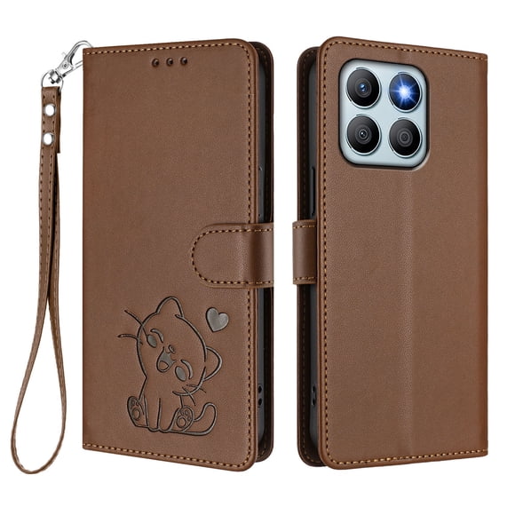 Honor X8B 4G Funda Billetera con Estampado de Gato, Marrón