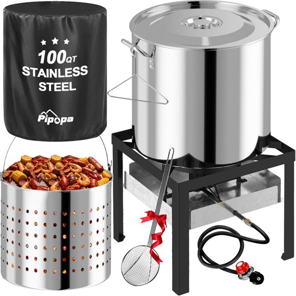 Olla para hervir cangrejo de río Pipopa 100QT de acero inoxidable con accesorios