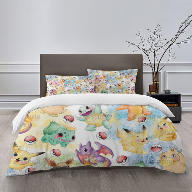 poke-mon Bedding Sets Bed Cartoon Duvet Cover Lightweight 3 Piece Bet Sets for Kids Boys Girls (1 Duvet Cover and 2 Pillowcases)