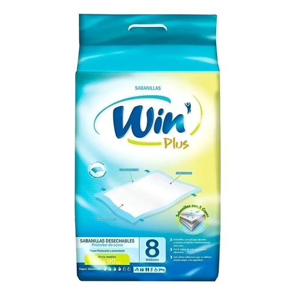 Sabanilla Desechable Win Plus para Cama, 60x90 Cm, Pack de 8 Unidades