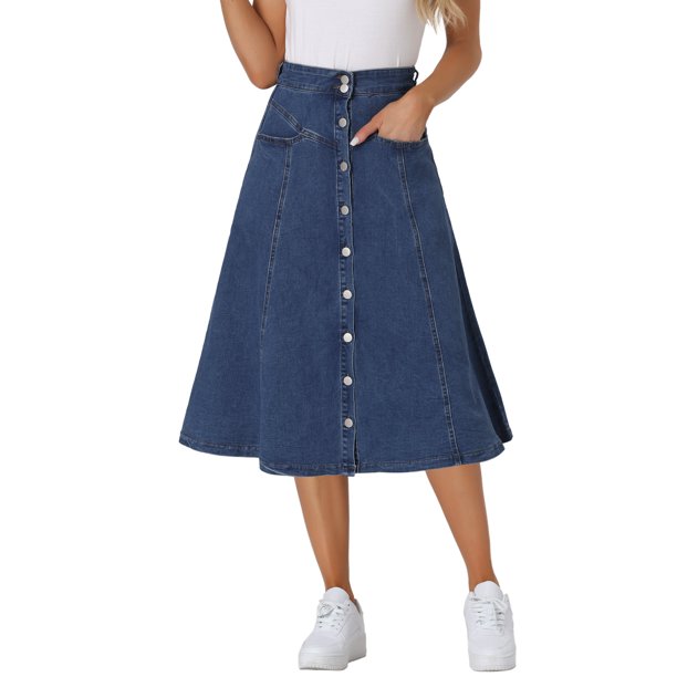 GRACE & GRANDEUR Falda Midi Flowy de Mujer con Botones Frontales de Cintura Alta Elástica y Bolsillos M Azul Medio