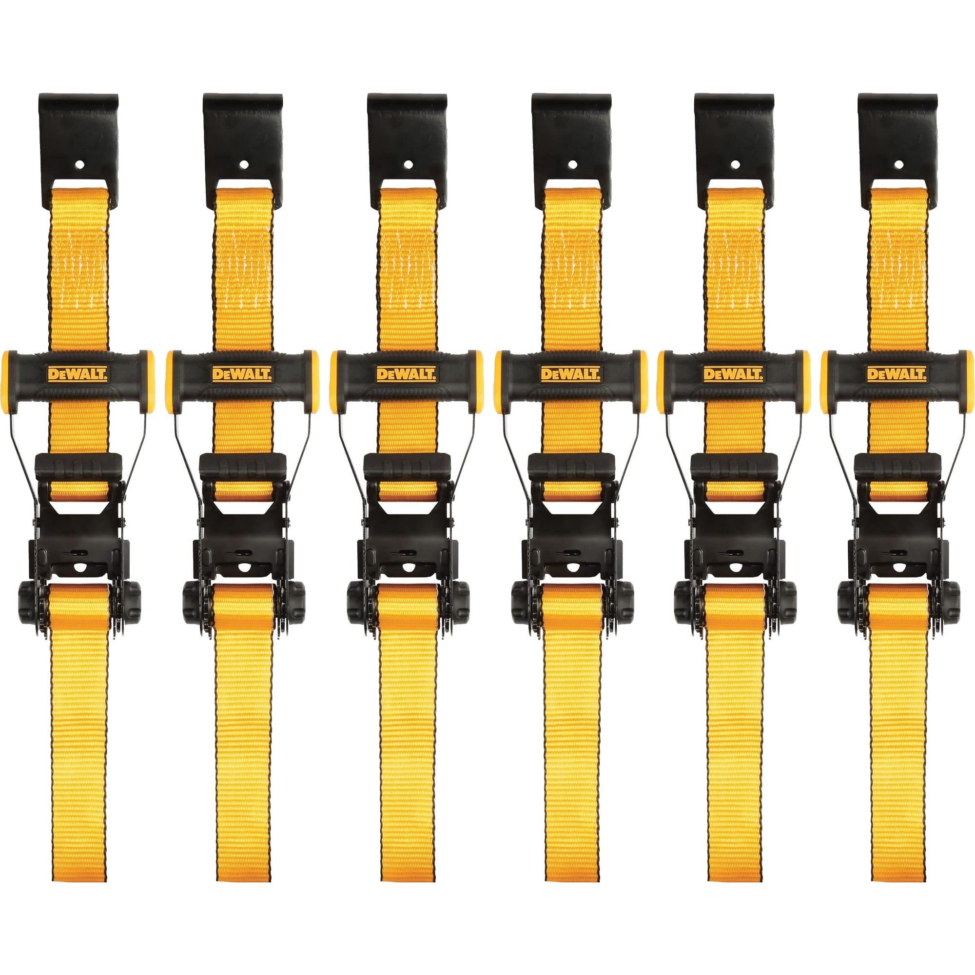 Correa De Amarre Con Trinquete Dewalt Dxbc10000f-6pk Negro/amarilla De 2 X 27 Pies Con Ganchos Planos, Transporte De Carga De Alta Resistencia (10 000 Libras De Resistencia A La Rotura), Paquete De 6