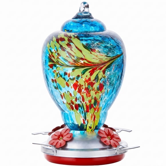 Comedero para colibríes WOSIBO 950 ml de vidrio azul con foso anti‑hormigas