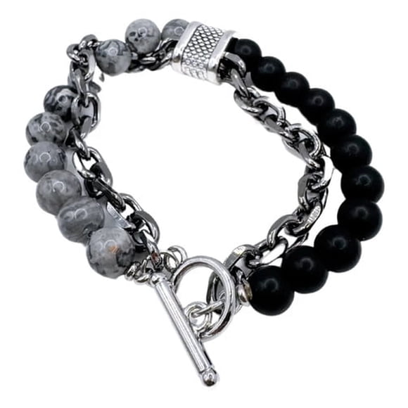 Pulsera Doble, Cadena Y Piedras, Cierre Ot, Regalo Hombre Negro 8 Cm 20 Cm