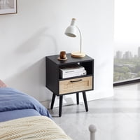 M&Ms - 15.75"" Rattan End Table With Drawer And Solid Wood Legs, Modern Nightstand, Side Table For Living Room, Bedroom, Black
