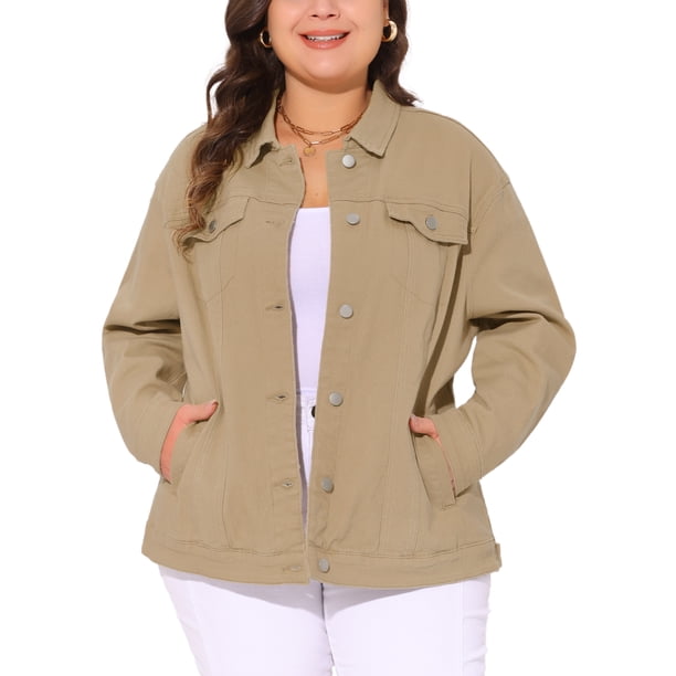 Agnes Orinda Chaqueta de Mezclilla Lavada con Botones y Costuras para Mujer de Talla Grande para Escuela o Universidad 1X Caqui