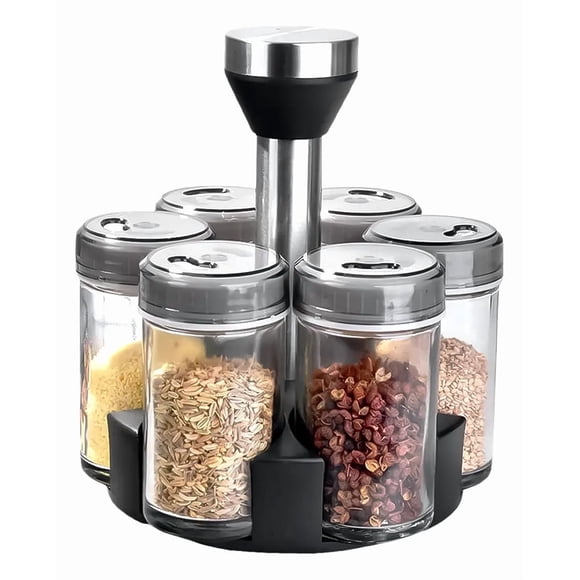 Condimentero Set Vidrio Giratorio Cocina Especiero Premium Organizador De Especias Con Base Giratoria 6 Frascos FIGOIMPORT