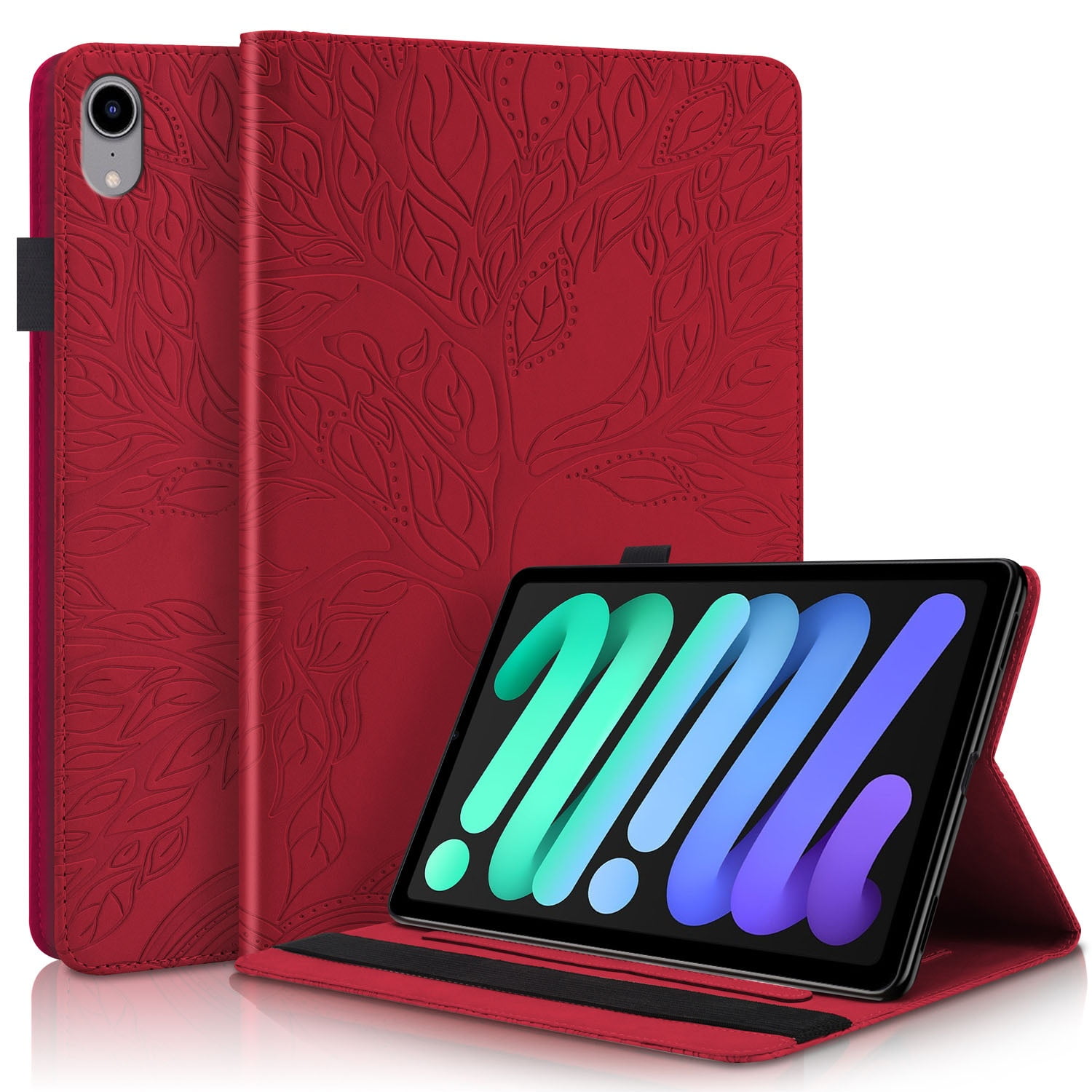 Foxdock - Funda Con Relieve Del Árbol De La Vida Para Tablet Ipad Mini 6 Con Soporte, Ranuras Para Tarjetas Y Soporte Para Lápiz Óptico. Rojo