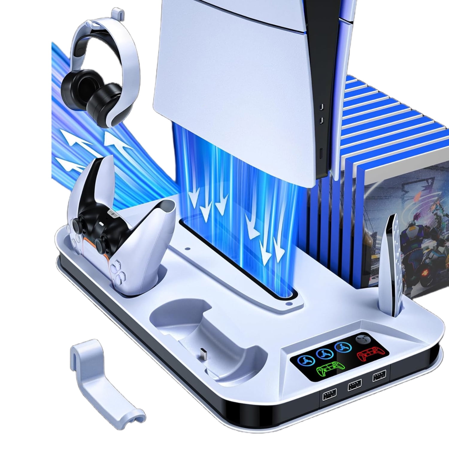 Genérico - Estación De Refrigeración Para Ps5/ps5 Slim Con Estación De Carga Dual Para Controladores, Ventilador De Refrigeración, Hub Usb, Soporte Para Auriculares, Tornillos, Accesorios De Soporte Vertical