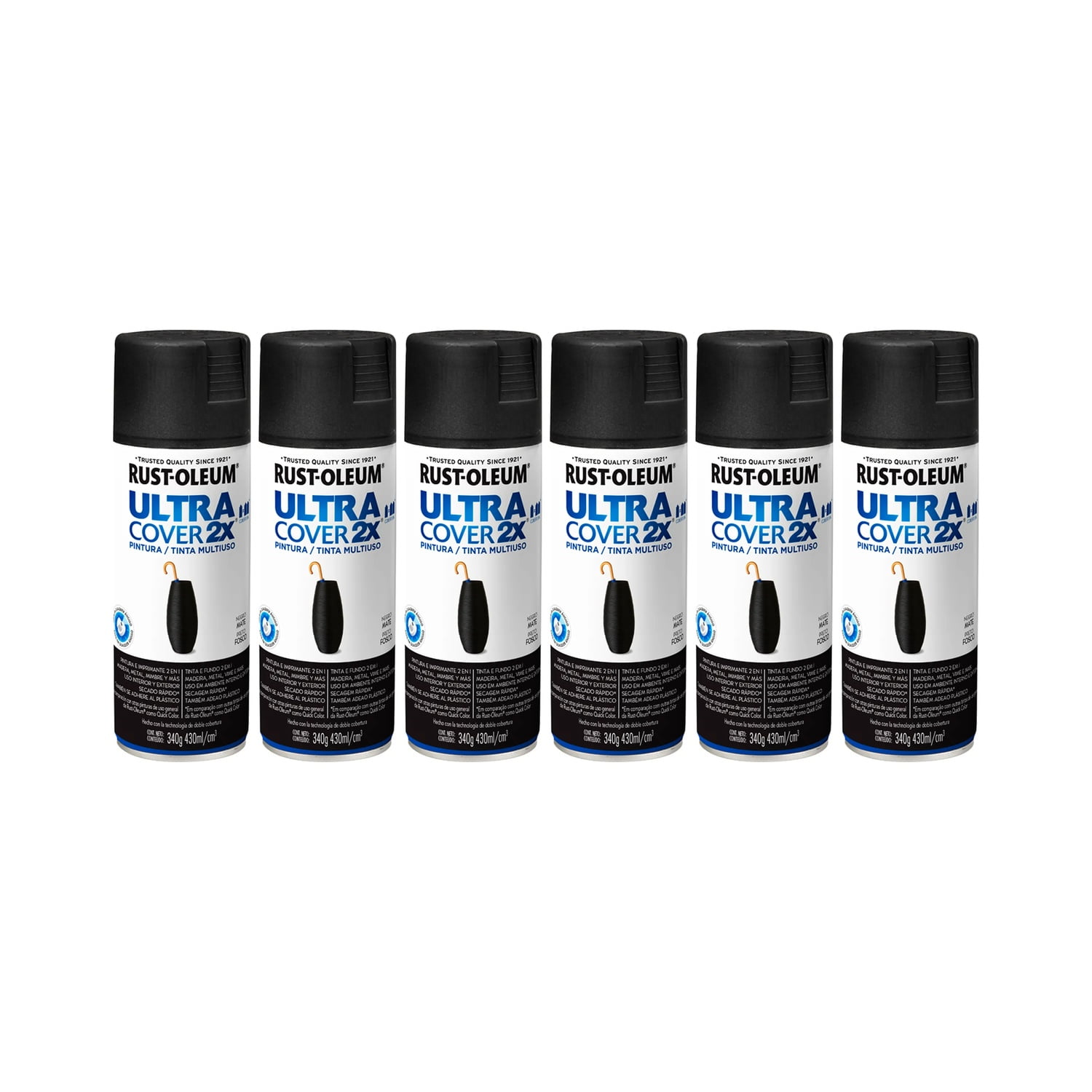 Rust-oleum - Pack 6 Und. Pintura En Spray Ultra Cover 2x Multiuso Negro Mate 340 G 700040