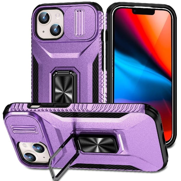 Funda Armada para iPhone 15 Plus con Tapa Deslizante y Soporte Magnético Giratorio Morado