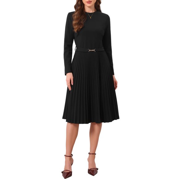 INSPIRE CHIC Vestidos de Trabajo Elegantes para Mujeres Cuello Redondo Manga Larga Plisado A-Line Midi con Cinturón Decorativo M Negro