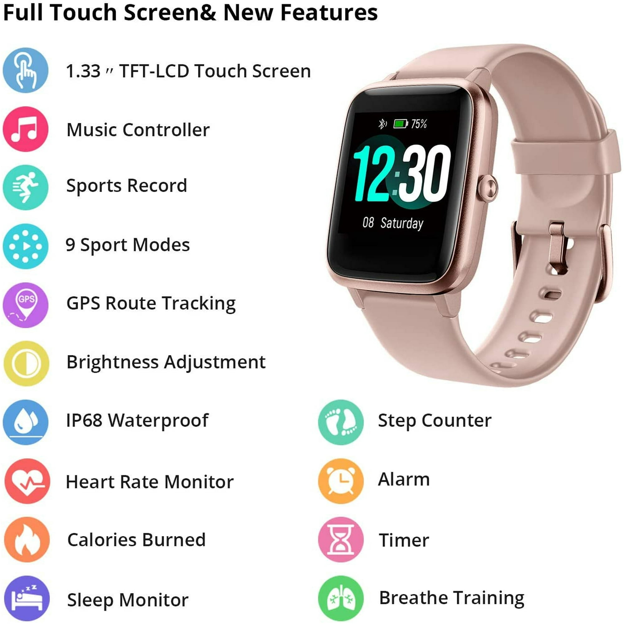 Fitpolo Smart Watch Para Teléfonos Android Compatible Con Iphone Ip68 Natación Impermeable Rosa