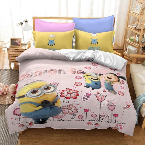 Minions Bed Set Kids Duvet Quilt Cover Pillowcase 3-Piece Bedding Set (1 Duvet Cover + 2 Pillow Shams)