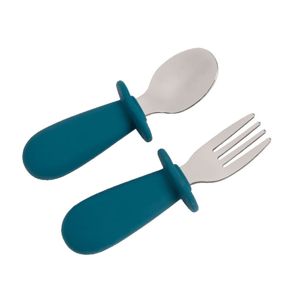 2-Piece Baby Spoon & Fork Set - Solid Color Stainless Steel & Silicone Tableware for Infant Food Feeding