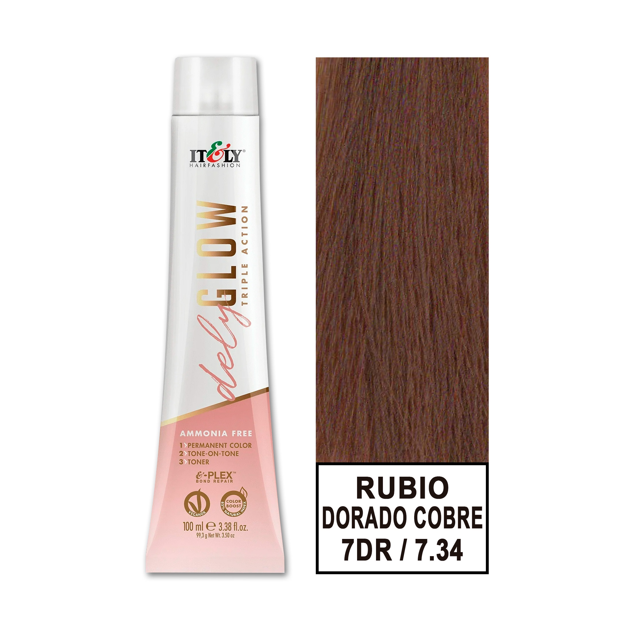 Itely Hair Fashion - Tintura Permanente Sin Amoniaco Delyglow 100Ml (Rubio Dorado Cobre 7.34 7Dr)