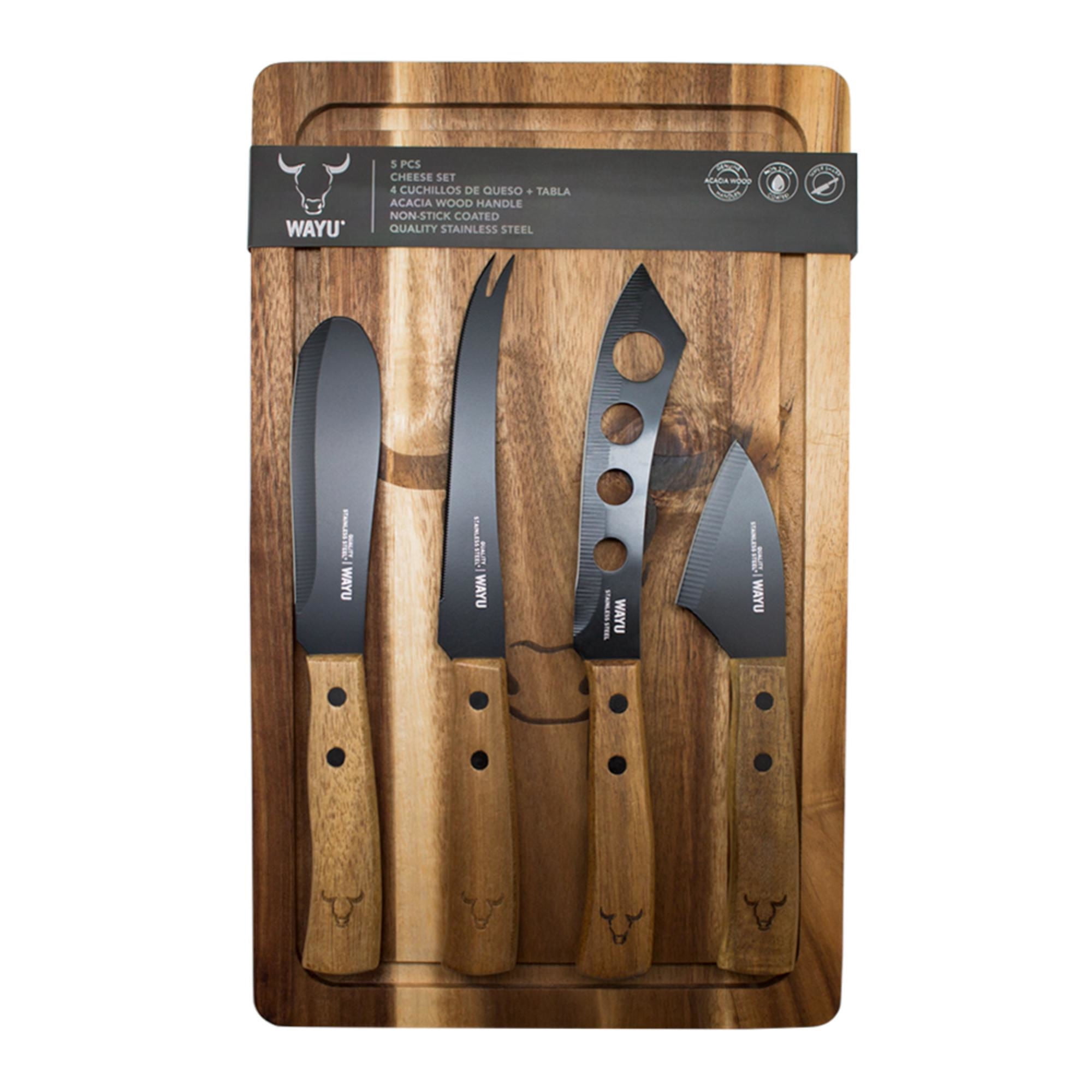Tabla + 4 Cuchillos De Queso 5 Piezas Acero Inoxidable - Madera Café