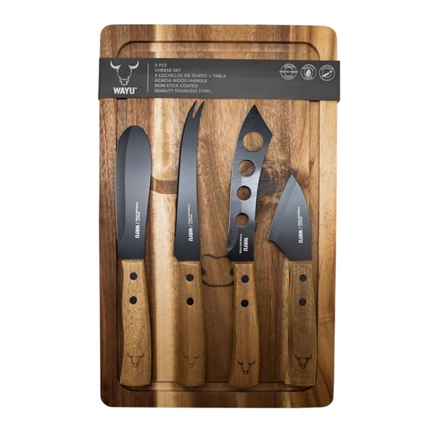 Tabla + 4 Cuchillos De Queso 5 Piezas Acero Inoxidable - Madera Café