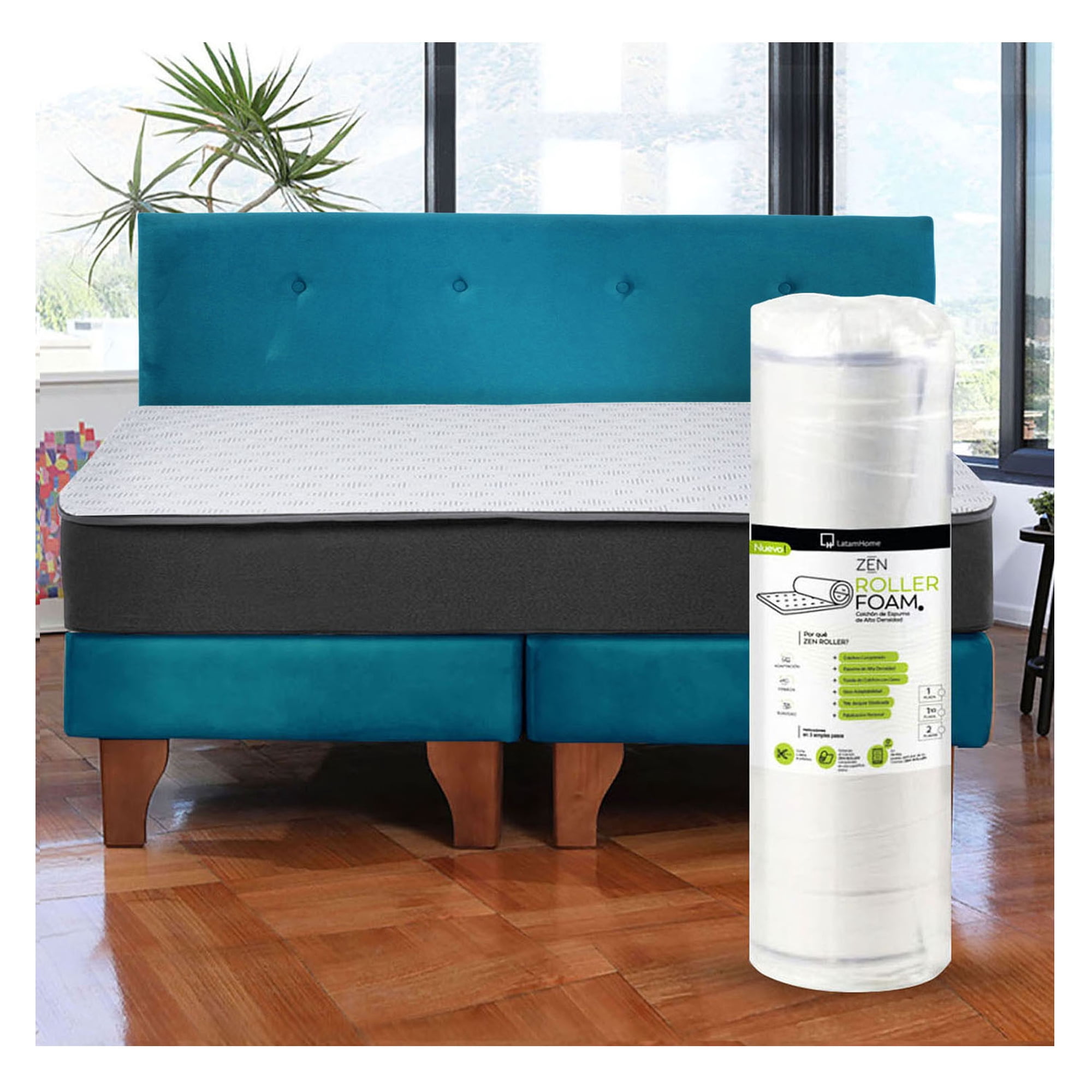 Latam Home - Cama Europea Zen Roller 2 Plazas Colchon Comprimido Espuma + Respaldo Tela Azul Petroleo