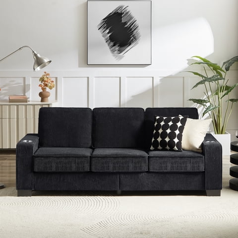 M&Ms - 83.86""Corduroy Fabric Sofa,Modern Compressed Couch,3-Seater Sofa, Furniture For Living Room,Bedroom,Office ,Black