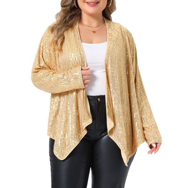 Agnes Orinda Conjuntos de Halloween para Mujeres Tallas Grandes Chaqueta de Lentejuelas Abierta con Dobladillo Irregular en Cascada Manga Larga Brillante Chaqueta de Fiesta 4X Oro
