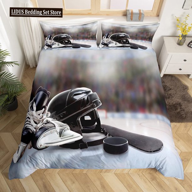 x2562 Bed SheetsIce Hockey Duvet Cover Set Full Size,Geometric Check Patchwork Stylish Bedding Set,Athlete Winter Sports Comforter Cover 3-Piece Bedding Set (1 Duvet Cover + 2 Pillow Shams) nj2562