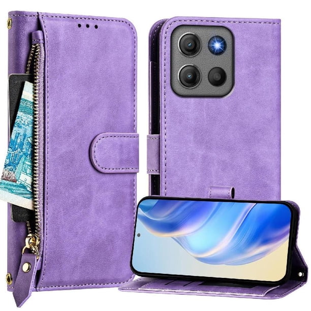 Funda Billetera Cremallera para Motorola Moto G17 Power con Porta Tarjetas, Soporte y Correa Morado