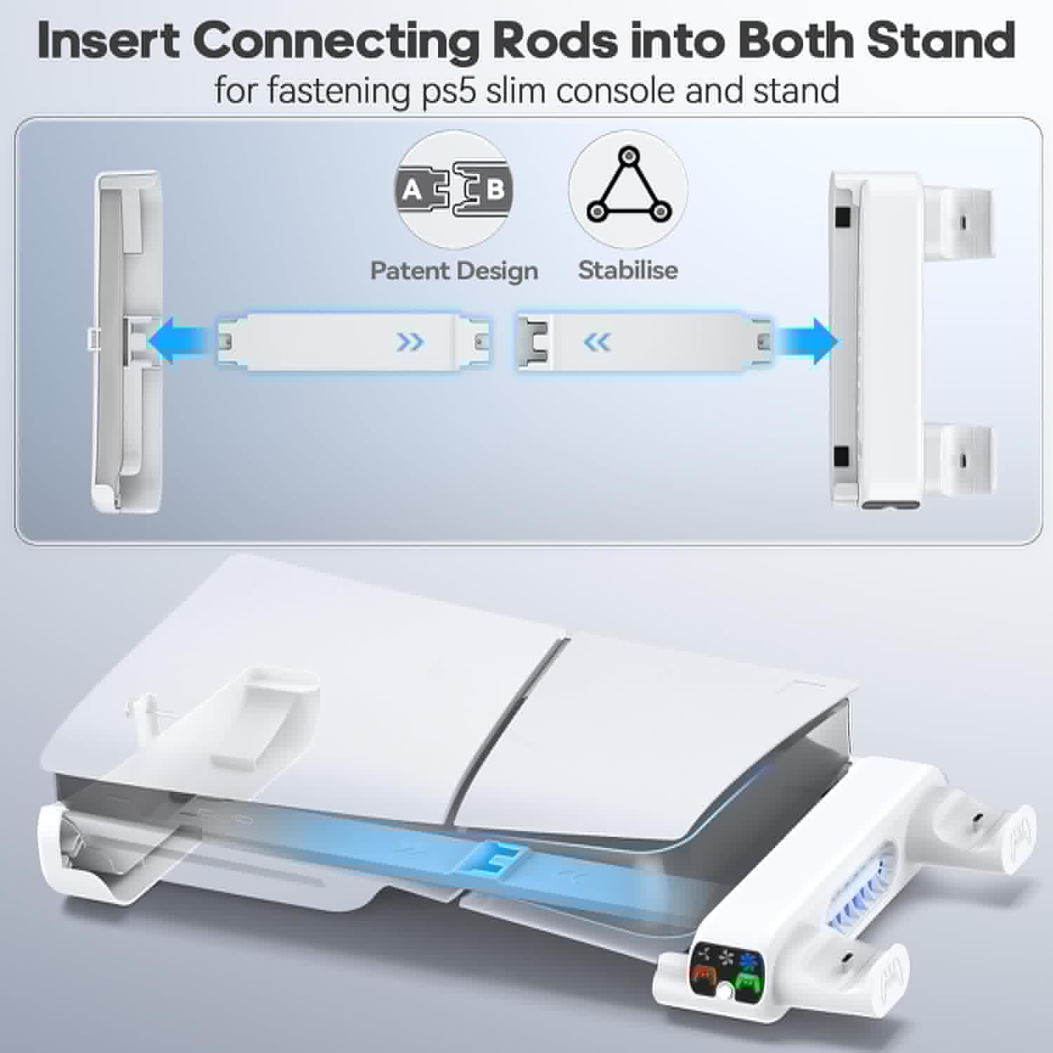 thumbnail image 3 of Soporte de refrigeración horizontal de repuesto para PlayStation Slim Disc & Digital Only, cargador doble para mando PS5 con ventilador de refrigeración de 3 niveles, para consola 2023 PS5 Slim-Blanco, 3 of 7