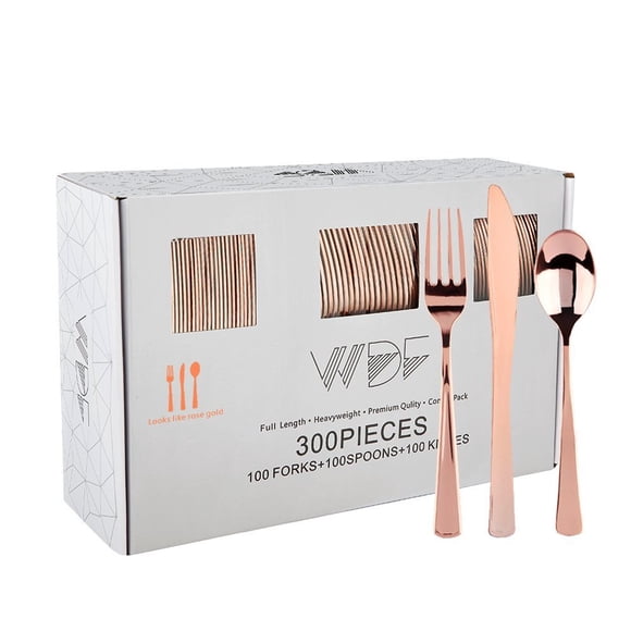 Juego de cubiertos desechables WDF de plástico dorado rosa, 300 piezas