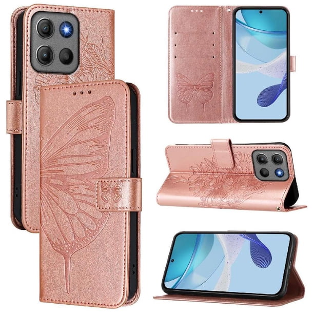 Funda cartera mariposa para Motorola Moto G17 Power con soporte y ranuras para tarjetas Oro rosa