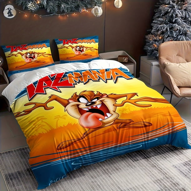 Tasmanian Devil Wild Cartoon Adventure Theme Innovative Cartoon Duvet Cover for Single/Double Bed 1 Duvet Cover + 1/2 Pillowcases Soft Light Beige-Friendly Bedd