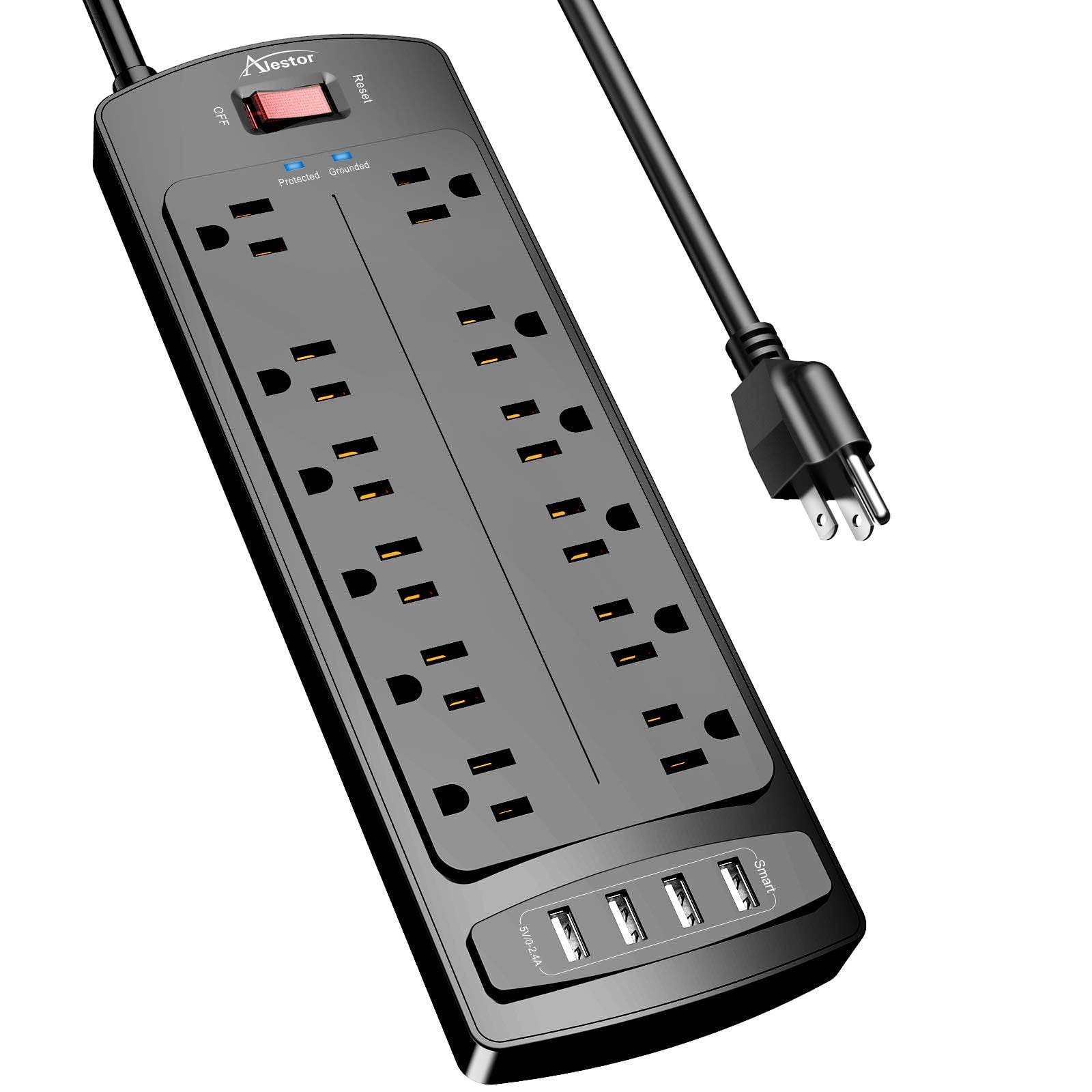 Alestor - Regleta Con Protector Contra Sobretensiones 12 Enchufes Y 4 Puertos Usb Cable De 1 8 M