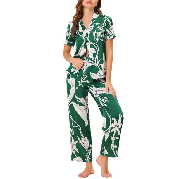 INSPIRE CHIC Conjunto de Pijama de Satén para Mujer, Top de Manga Corta de Seda Floral y Pantalones, 2 Piezas, XS Verde
