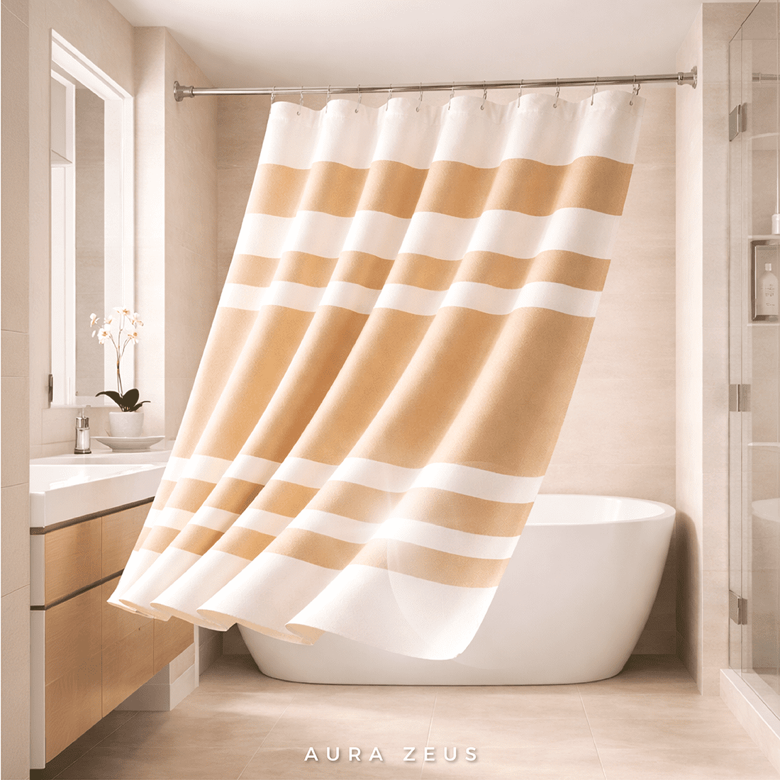 Cortina De Baño Diseño Impermeable Tela Bano + 12 Ganchos Aura Zeus Beige