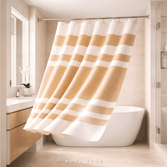 Cortina De Baño Diseño Impermeable Tela Bano + 12 Ganchos Aura Zeus beige