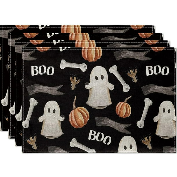 4pcs, Linen Placemats, Halloween Placemats Set Witch Pumpkin Washable Table Place Mats Trick Or Treat Autumn Table Mats For Dining Home Table Kitchen Halloween Decoration, Halloween Decor, Gift